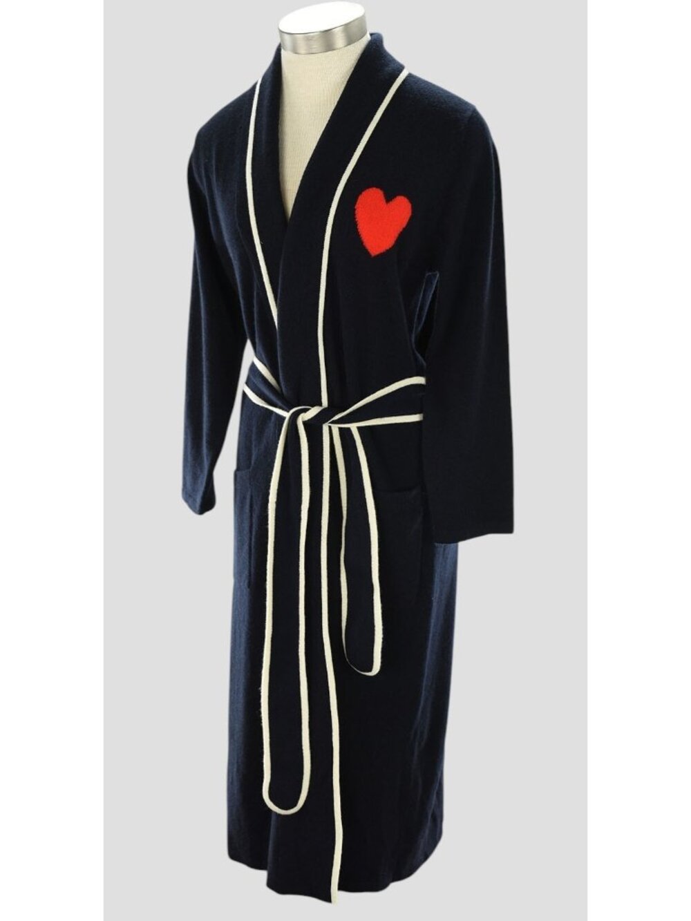 CHINTI & PARKER Navy Heart Patch Long Cashmere Wool Blend Knit Robe XS NWT